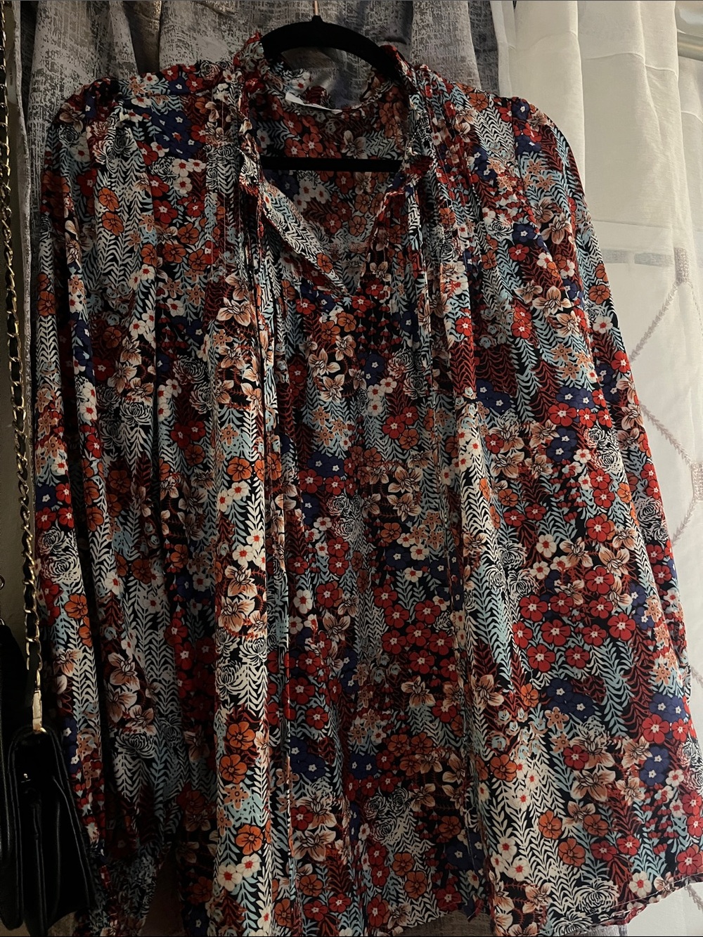 Women's Floral Long-Sleeve Blouse in Navy, Red & Cream
